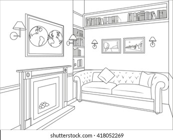 Outline drawing of a interior living room with sofa, fireplace, shelves with books, paintings, maps, and sconces on the walls. Vector illustration.