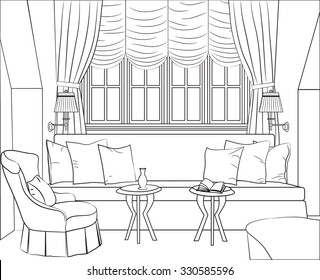 Outline drawing of the interior room - a window, sofa with cushions, two tables and sconces, and a armchair. Vector illustration.