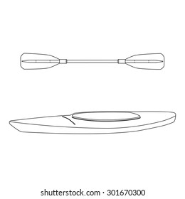 Outline drawing of kayak boat and plastic, rowing oar. Kayak isolated, sea kayak. Extreme sport