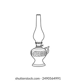 Outline drawing of a kerosene lamp with handle and, wick, lantern. Perfect for vintage or rustic-themed designs and illustrations.