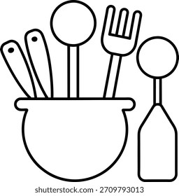 Desenho esquemático de utensílios de cozinha em um pote. O design é um estilo de arte de linha limpo e minimalista. Perfeito para logotipos e designs de cozinha. Ilustração vetorial.