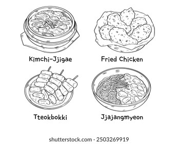 Outline Drawing Korean Food Tteokbokki, Fried Chicken, Kimchi Soup and Jjajangmyeon Vector Illustration