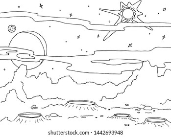 Outline drawing landscape of a planet with craters and rocks. Galaxy stars, big planet and satellite in a background