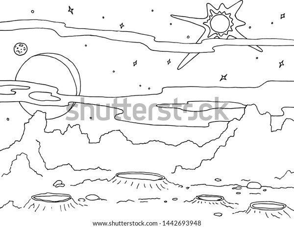 Outline drawing\
landscape of a planet with craters and rocks. Galaxy stars, big\
planet and satellite in a\
background