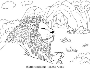 Outline drawing of a large male lion sleeping serenely in a wilderness setting with mountains and clouds, ideal for coloring pages and simple graphic art.