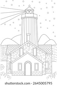 Outline drawing of a lighthouse with building, waves, mountains, and stars - Perfect for coloring pages and illustration.
