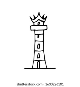Outline drawing of a lighthouse in sketch technique. High narrow multi-tiered tower with gabled roof. Black outline isolated on white. Vector stock illustration lighthouse