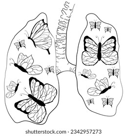 Outline drawing. Linear drawing lungs with butterflies inside.