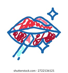 Dibujo de contorno de labios con lápiz labial rojo y rosa vibrante aplicado en un estilo artístico desordenado, con un contorno azul, gotas y Elementos brillantes que representan la belleza y la experimentación