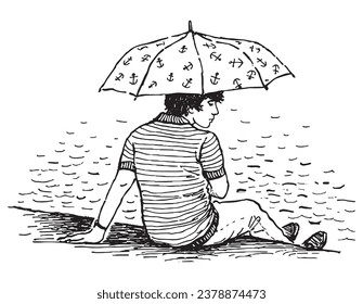 Outline drawing of lonely sad teen boy sitting under umbrella on river embankment