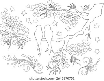 Outline drawing of love birds on a branch with heart leaves, stars, and decorative flourishes, a romantic vector illustration.
