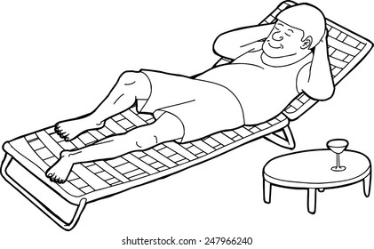 Outline drawing of man sleeping on chair with table