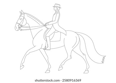 Outline drawing of a man in a suit and top hat riding a horse in an elegant posture