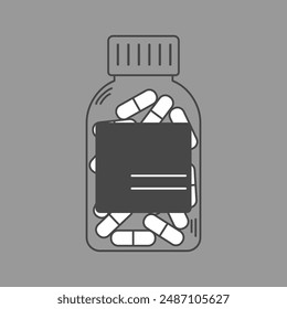 Outline drawing of medicine bottle with pills and drugs. Linear pills bottle icon