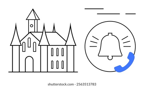 Outline drawing of a medieval castle with tall spires and a notification bell with a phone icon. Ideal for architecture, history, technology, communication, and notifications. Simple line art style