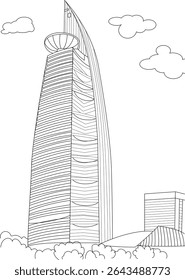 Outline Drawing of Menara Telekom in Kuala Lumpur, Simple black and white line art illustration depicting the Menara Telekom skyscraper in Kuala Lumpur, Malaysia. This outline drawing captures the