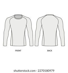 Outline drawing of a men's sports jacket, front and back view. Vector template of male rash guard. Sketch of a sports sweatshirt with long sleeves made of stretch fabric.