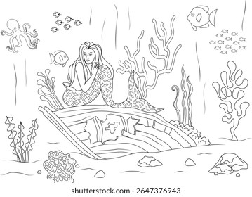 Outline drawing of a mermaid on a shipwreck in a vibrant underwater scene with fish and octopus, ideal for creative coloring.