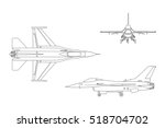 Outline drawing of military aircraft. Top, side, front view. Vector illustration.