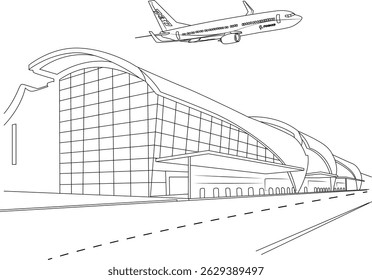 Desenho esquemático do terminal do aeroporto de Mineta San Jose com avião, Um simples desenho de linha preto e branco representando o edifício terminal moderno do aeroporto internacional de Mineta San Jose em