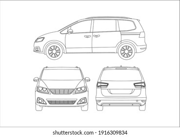 outline drawing of a minivan, view from different sides. Seat Alhambra.