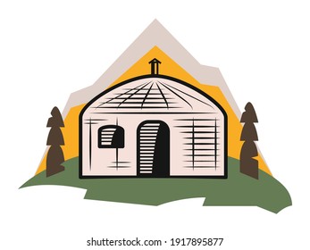 Outline drawing of a mobile home Mongolian yurt with window, door and chimney overlooking the mountain landscape on a uniform background