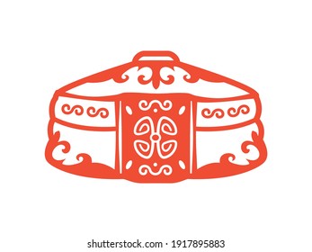 Outline drawing of a mobile home Mongolian yurt with oriental ornament on a uniform background