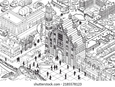 Outline Drawing Of Modern European City, Square Vector