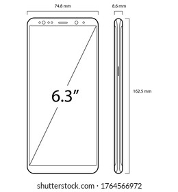 outline drawing of modern mobile cell phone mockup with dimension scale vector illustrations 