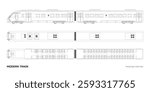 Outline drawing of modern train passenger seat map. Locomotive model top and side view. Rail transport interior scheme. Isolated line express. Vector illustration