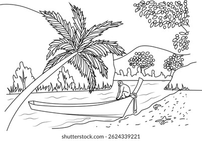 Outline Drawing of Monkey Sitting on Boat, A simple line art illustration perfect for coloring, depicting a monkey sitting on a traditional boat near a tropical beach with a palm tree.