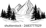 Outline drawing of a mountain landscape with pine trees and a river on white background