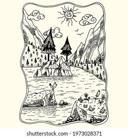 Outline drawing of nature – mountains, lake, and trees. Hand-drawn illustration for card, coloring book.  Doodle stile