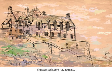 Outline drawing of an old castle on colored paper