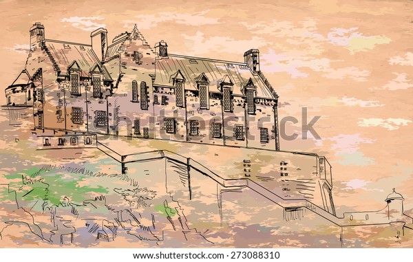 Outline Drawing Old Castle On Colored Stock Vector Royalty Free