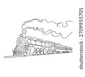 Outline drawing of an old steam engine. Vintage locomotive on railroad tracks. Retro railway journey.