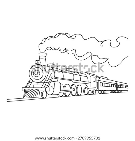 Outline drawing of an old steam engine. Vintage locomotive on railroad tracks. Retro railway journey.