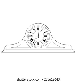 Outline drawing of old table clock with roman numerals vector illustration. Vintage desk clock. Table clock