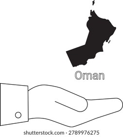 Outline drawing of an open hand holding the map of Oman