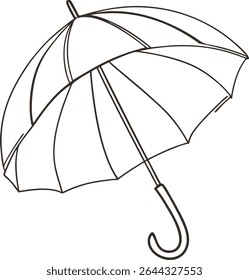 Outline drawing of an open umbrella with curved handle, ideal for weather icons, rainy day themes, fashion accessories, and seasonal illustrations. Perfect for minimalist vector designs and art.