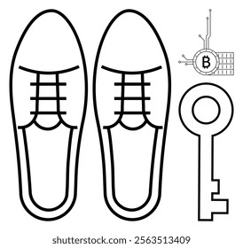 An outline drawing of a pair of dress shoes, a key, and a Bitcoin symbol, highlighting concepts of finance, security, and growth. Ideal for themes like finance, technology, security, investments