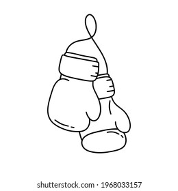 Umrisszeichnung der hängenden Boxhandschuhe auf der Saite. Black Doodle Symbol. Handgezeichnete einfache Darstellung der Attribute für den Sport. Lineares, isoliertes Vektorpiktogramm auf weißem Hintergrund
