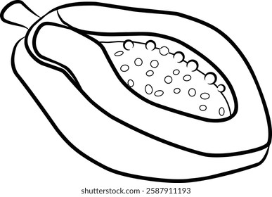 Outline Drawing of a Papaya Cut in Half with Seeds Inside.