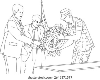 Desenho esquemático de uma grinalda patriótica do Dia em Memória às Vítimas de Guerra, comemorando o serviço militar e o sacrifício com autoridades.