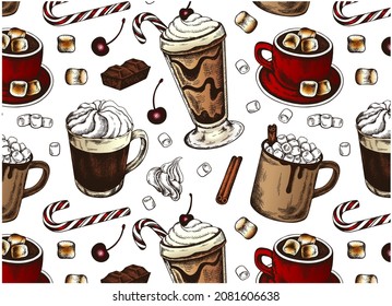 Outline drawing pattern with colorful hot chocolate isolated on white background. Sketch hand drawn winter drinks wallpaper. Christmas menu. Marshmallow, candy cane, whipped cream. Vector illustration