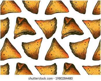 Outline drawing pattern with colorful nachos isolated on white background. Sketch hand drawn corn chips for guacamole. Engraved food, cafe menu wallpaper, line art snack. Vector illustration.