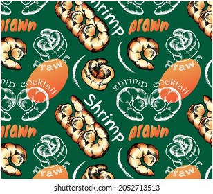 Outline Drawing Pattern Of Colorful Shrimps Isolated On Green Background. Sketch Hand Drawn Prawn Wallpaper. Shrimp Cocktail, Seafood, Line Art Fast Food, Cafe Menu, Packaging. Vector Illustration.