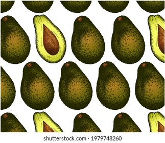 Outline drawing pattern of green avocado and half avocado with seed isolated on white background. Sketch hand drawn wallpaper with avocado fruit for market design, food packaging. Vector illustration.