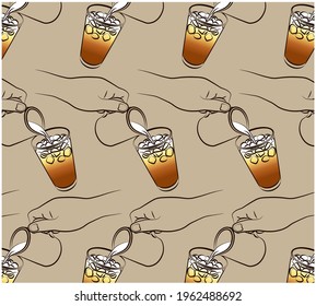 Outline drawing pattern with hand  pouring milk to coffee on brown background. Human making iced  drink. Glass with cappuccino, latte , milk, espresso. Line art barista, sketch. Vector illustration.