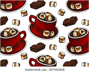 Outline Drawing Pattern Of Red Cup  With Hot Chocolate And Roasted Marshmallows Isolated On White Background. Sweet Winter Drink. Sketch Drawn Christmas Wallpaper. Cocoa, Cacao Mug.Vector Illustration